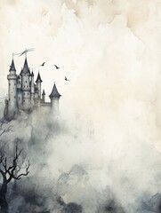 Mysterious Castle in the Clouds - Watercolor Painting.