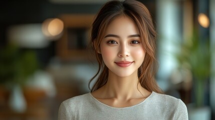 Happy young Asian saleswoman looking at camera welcoming client. Smiling woman executive manager, secretary offering professional business services holding digital tablet standing in office. Portrait