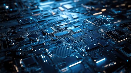 Maze-like metallic circuits glowing in shades of blue and silver, symbolizing technology.