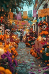 Mexican street decorated with skulls, candles, marigolds, and Papel Picado for Dia de los Muertos celebration