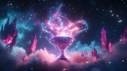Obraz premium ethereal trophy emanating swirling energy tendrils floating above a landscape of abstract achievement pinnacles surrounded by holographic fireworks and celebratory particles