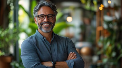 Smiling mature Latin or Indian businessman holding smartphone in office. Middle aged manager using cell phone mobile app. Digital technology application and solutions for business success development.