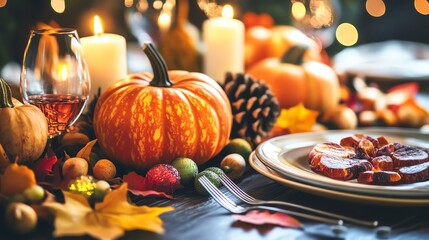 A festive autumn table setting with pumpkins, candles, and a delicious meal, perfect for Thanksgiving celebrations.