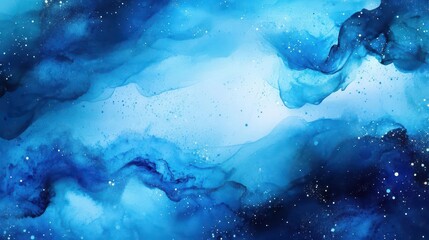 ethereal watercolor galaxy swirling with vibrant blue hues celestial nebula effect with paint splatters merging into cosmic dust clouds