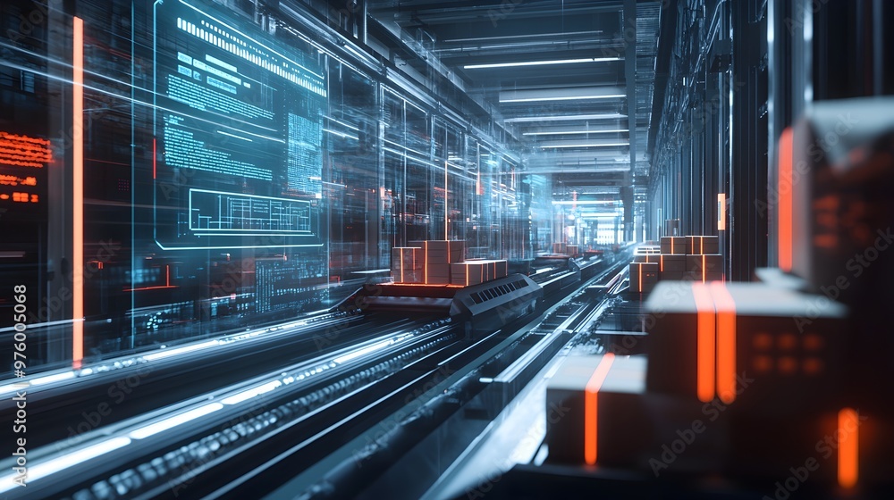 Poster futuristic distribution center with advanced conveyor belt systems,digital storage,and smart technol