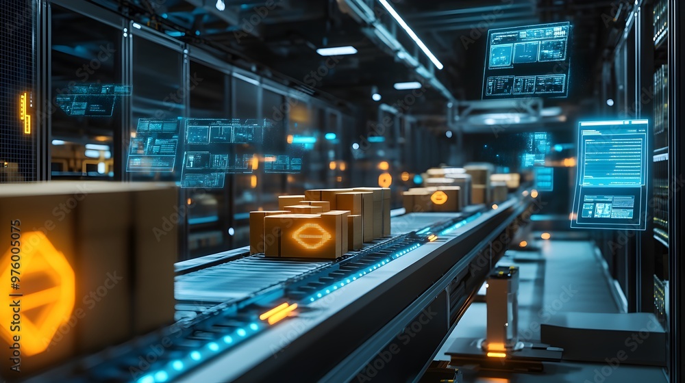 Poster a photograph showcasing a highly advanced and futuristic distribution center,featuring a complex aut
