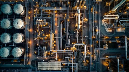Aerial View of an Illuminated Industrial Complex with Interconnected Pipes and Tanks