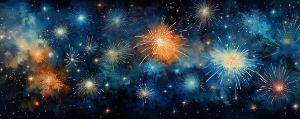 Fototapeta premium A festive illustration of fireworks exploding in a dark blue night sky