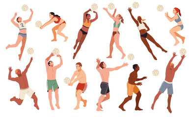 Summer beach volleyball players. People with ball in dynamic poses, athletes in bikinis, team sport game, batting, serving, competition game, cartoon flat style isolated tidy vector set