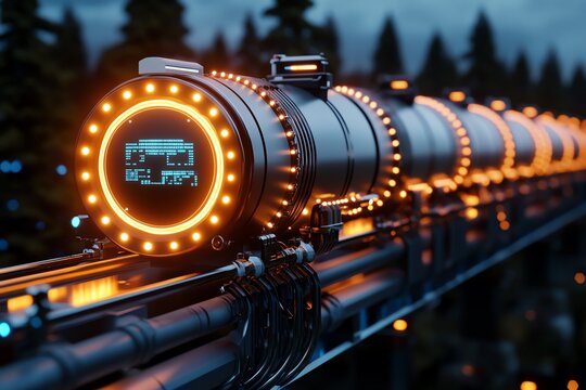 A gas pipeline integrated into a futuristic smart city, with automated systems monitoring the flow and safety of the infrastructure
