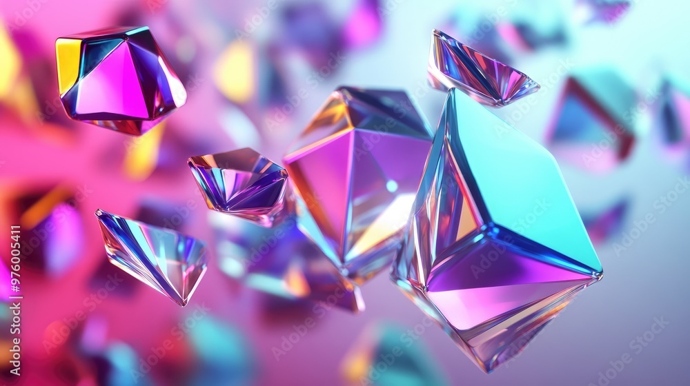 Aufkleber floating colorful polygons with bright highlights reflecting from their sharp edges.