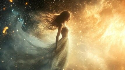 ethereal woman with flowing hair and gossamer gown conjuring swirling luminescent magic cosmic background with stars and nebulae creates a dreamlike atmosphere of wonder and possibility
