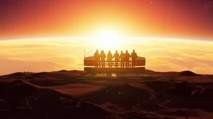 Astronauts securing the final section of the Mars base as the sun sets, casting a golden halo around the new habitat.