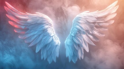 ethereal hyperrealistic digital illustration of luminous angel wings intricate feather details soft glowing edges and a misty background create a dreamlike spiritual atmosphere