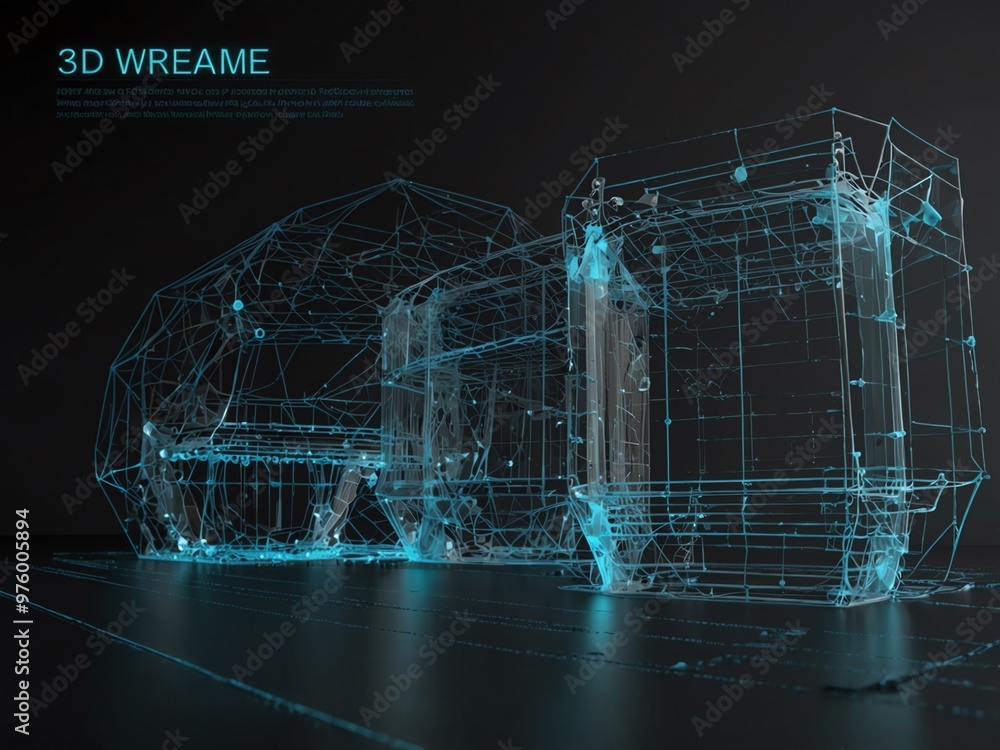 Poster 3d wireframe website layout illustrating futuristic web development and digital design.