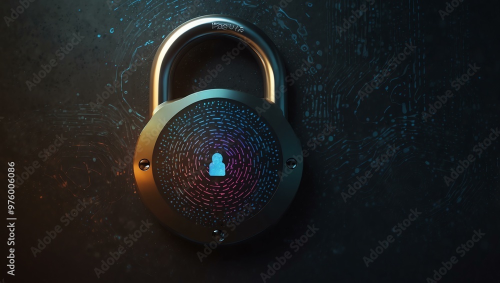 Poster a biometric authentication interface with a fingerprint scan and a padlock icon, symbolizing enhance