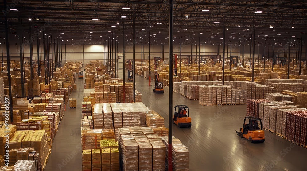 Poster expansive warehouse interior filled with neatly stacked crates and boxes forklifts and workers navig