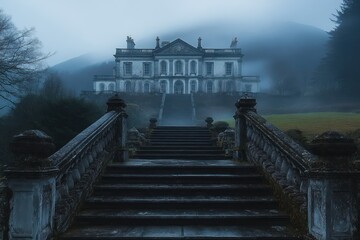 Fototapeta premium Stone Staircase Leading to a Fog-Shrouded Manor