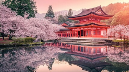 Obraz premium Traditional Japanese temple surrounded by cherry blossom trees. Japanese temple wallpaper