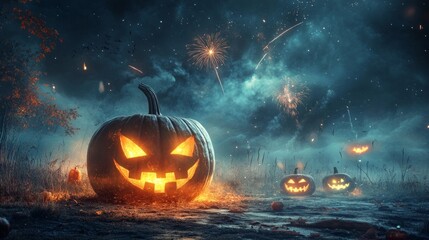 Naklejka premium Dramatic Halloween Fireworks, vibrant bursts of color illuminating the dark sky, festive atmosphere filled with excitement, capturing the spirit of celebration and mystery