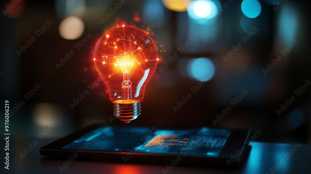 Poster a glowing lightbulb with a network of connections floats above a tablet, symbolizing innovation and 