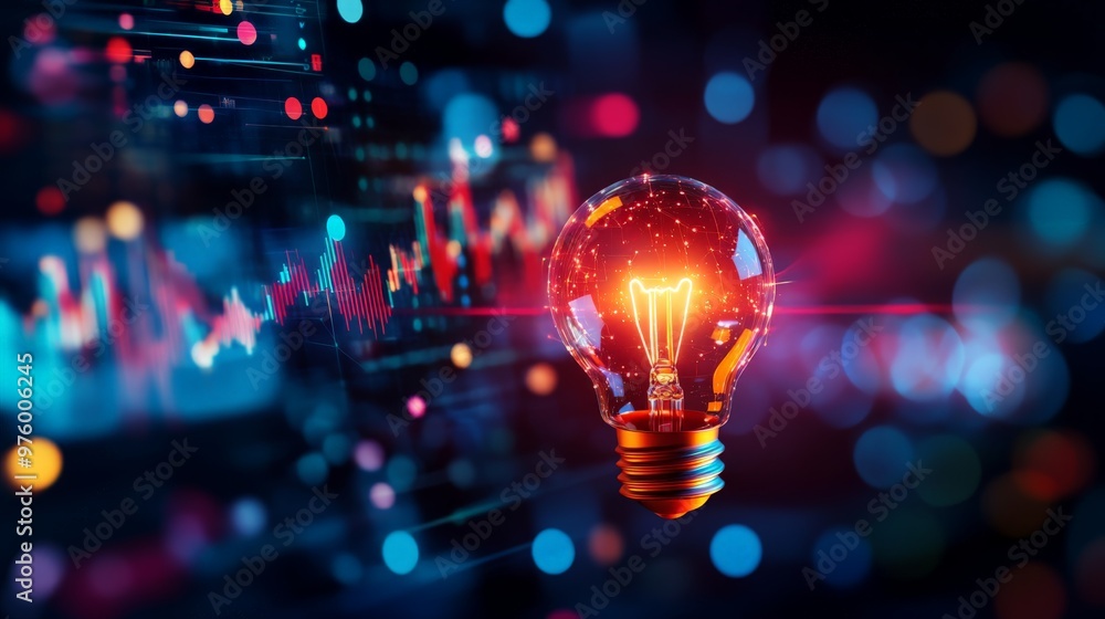 Poster a glowing lightbulb symbolizes innovation and ideas against a backdrop of digital data and bokeh lig