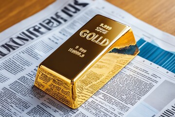 A gold bar resting on a financial newspaper, reflecting headlines about gold as a safe-haven asset in uncertain economic times