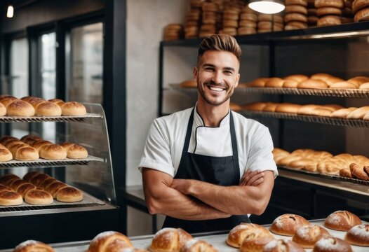 young attractive good looking man hispanic baker selling and baking bread in bakery, smiling to customers. Professional looking wearing black apron. Small business owner and staff. - Powered by Adobe