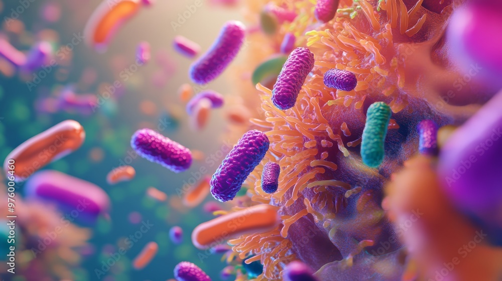 Poster vibrant microscopic view of bacteria, showcasing colorful shapes and textures in a dynamic, abstract
