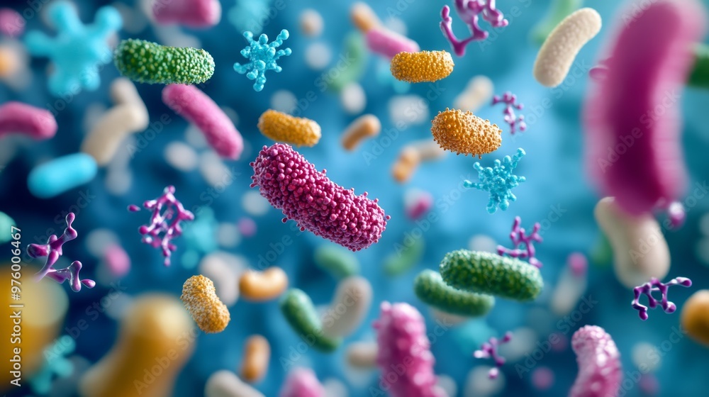 Poster vibrant microscopic view showcasing various bacteria and microorganisms in a colorful, abstract repr
