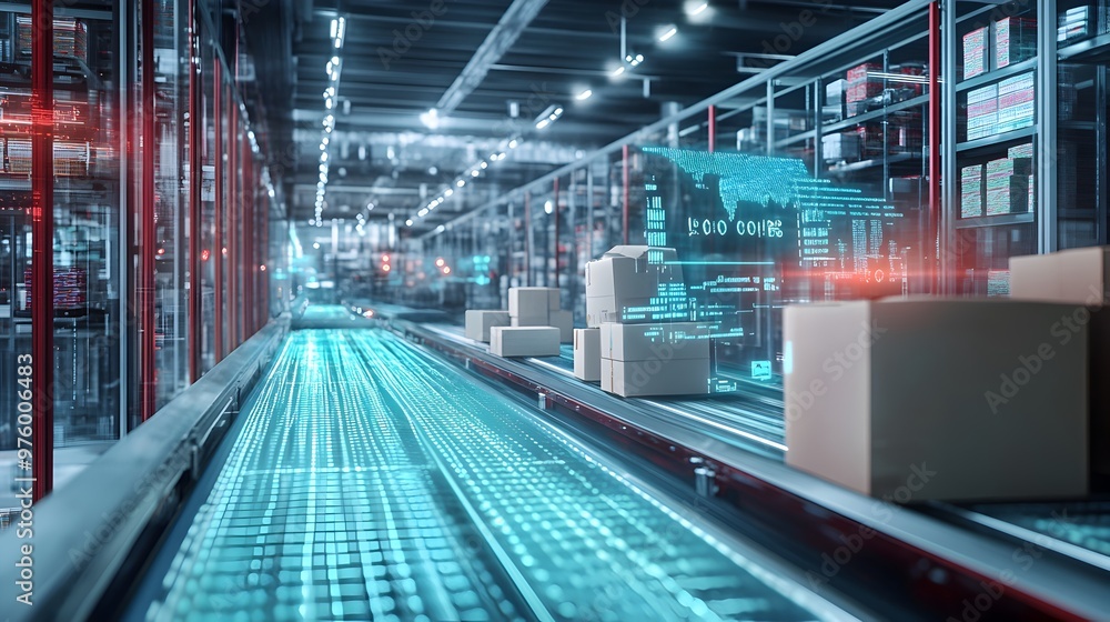Poster automated futuristic distribution warehouse with digital logistics and robotic workflow. advanced in