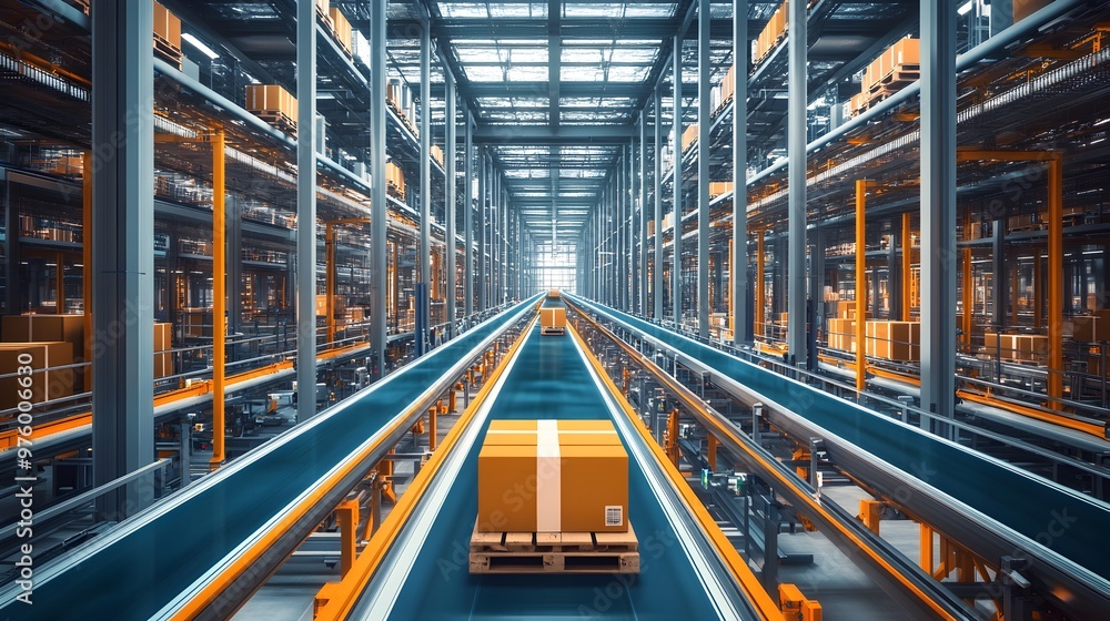 Poster efficient high-tech logistics center with automated shelving and conveyor systems for optimized stor