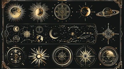 A collection of celestial and navigational illustrations in a golden, art deco style.