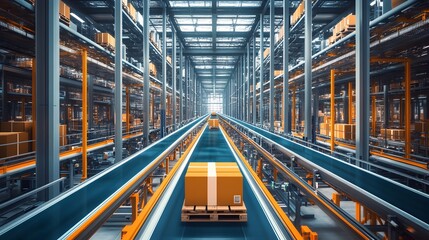 Fototapeta premium Efficient High-Tech Logistics Center with Automated Shelving and Conveyor Systems for Optimized Storage,Transportation,and Inventory Management in Industrial and Commercial