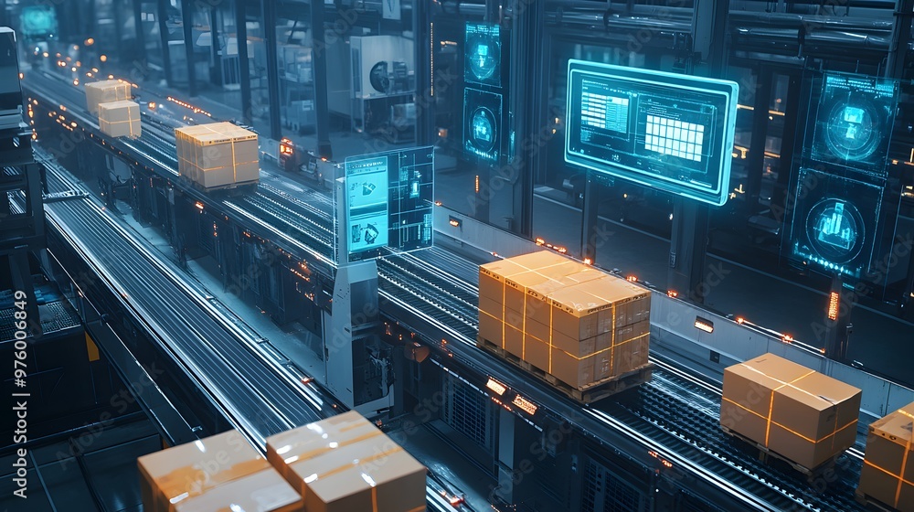 Poster automated logistics facility with advanced cargo management and shipping solutions:a futuristic ware