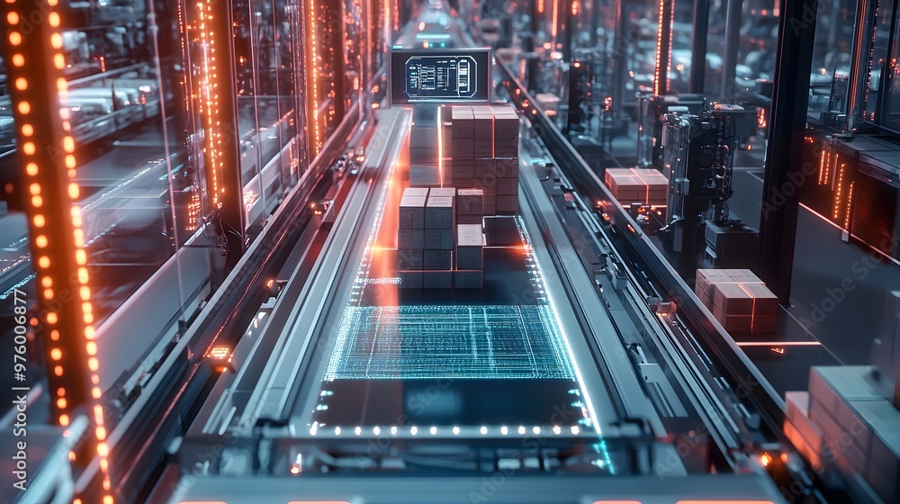 Poster interior view of a state-of-the-art logistics facility with automated container storage,cargo handli