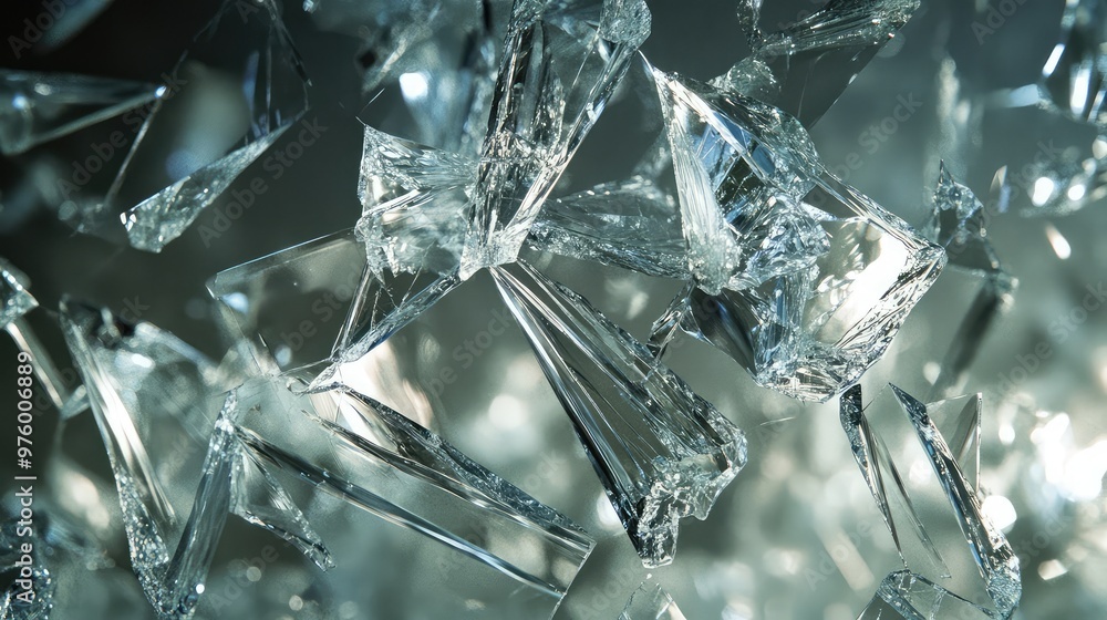 Poster shimmering glass shards suspended in space, casting sharp reflections.