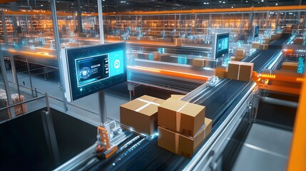 Obraz premium A contemporary logistics facility equipped with advanced automation,digitalized supply chain management,and efficient warehouse to streamline the movement and storage of goods,merchandise,and cargo.
