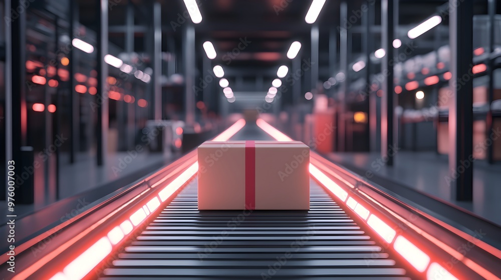 Poster photograph of a package swiftly moving on a conveyor belt within a modern logistics warehouse,showca