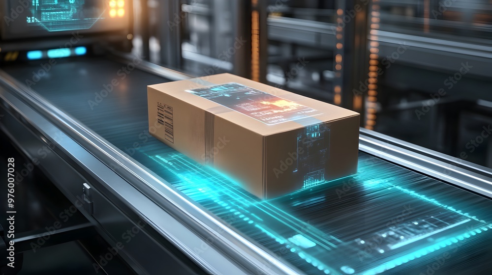 Aufkleber a photograph showcasing a package on a high-tech conveyor system with a futuristic holographic inter