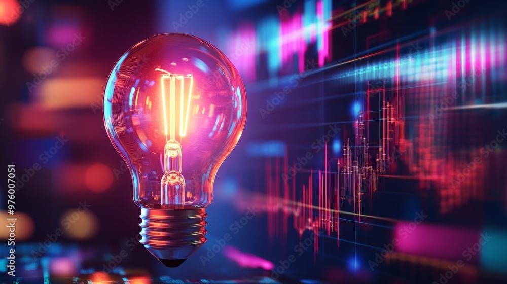 Poster a glowing light bulb against a background of futuristic data visualizations, symbolizing innovation 