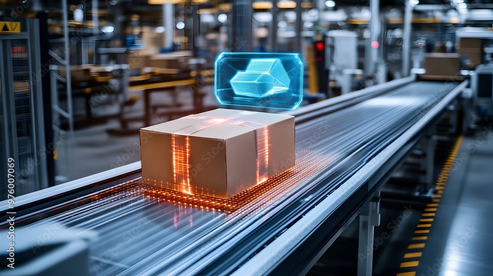 Poster automated conveyor belt system transporting packages in a modern industrial warehouse or factory set