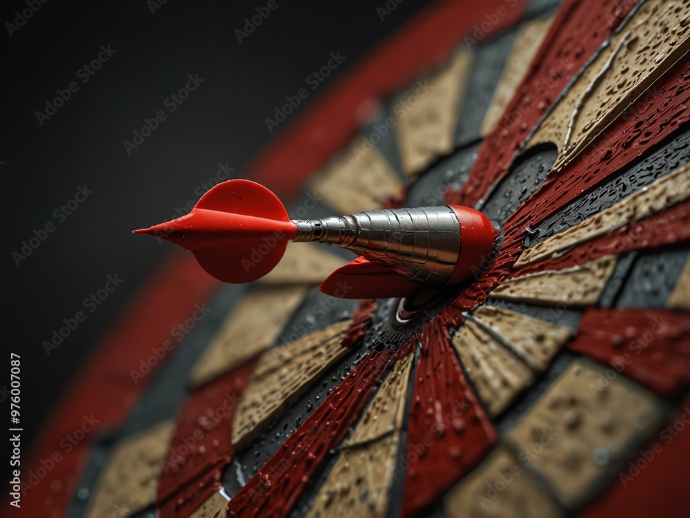 Poster a close-up of a red dart hitting the bullseye with perfect accuracy.