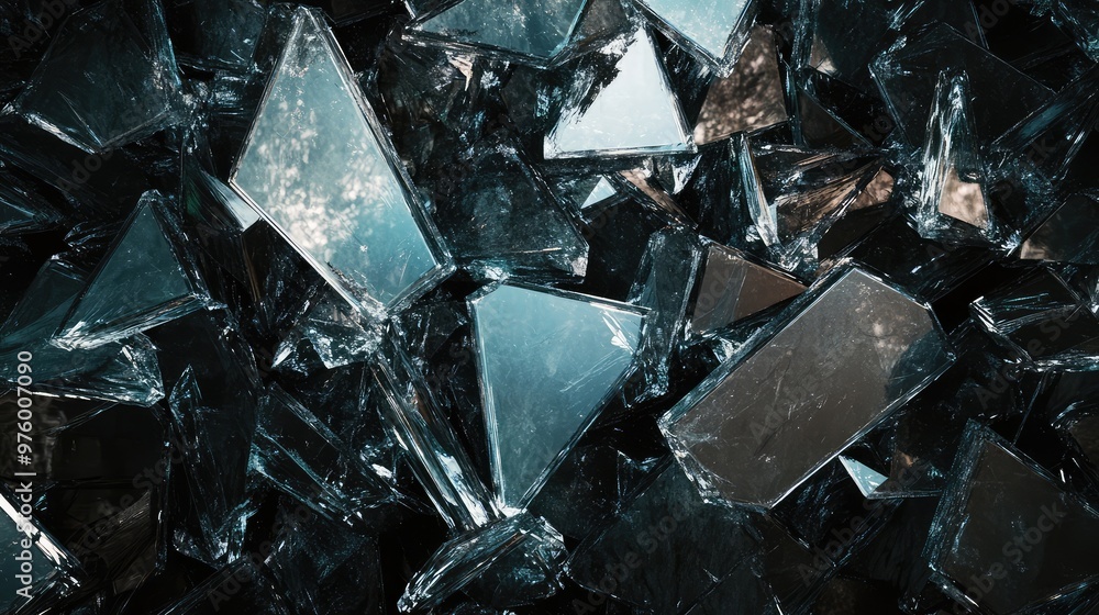 Poster shimmering glass shards suspended in space, casting sharp reflections.