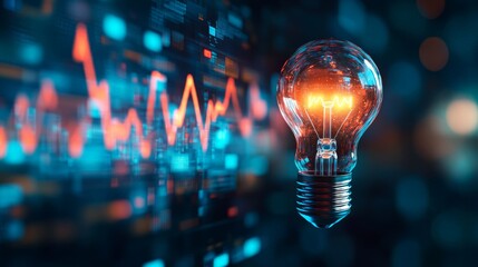 A glowing light bulb against a backdrop of digital data and graphs, symbolizing innovation, technology, and new ideas.