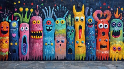 Colorful mural of whimsical monsters on a city wall.