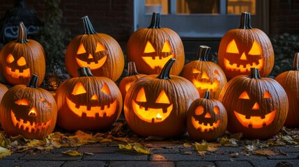 Halloween pumpkin carving contest, vibrant display of intricately carved jack-o'-lanterns, participants showcasing creativity, eerie atmosphere with festive decorations and costumes