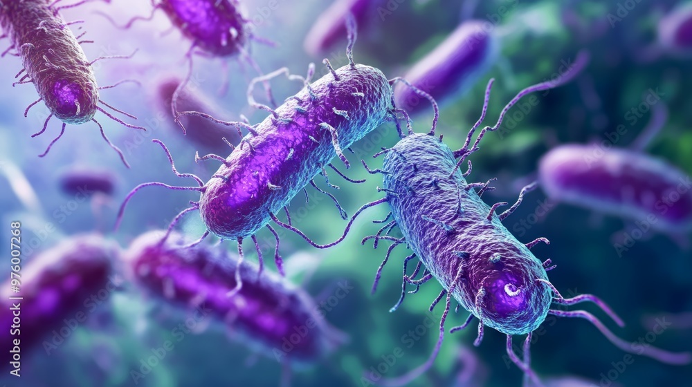 Poster close-up view of vibrant purple bacteria under a microscope, showcasing intricate details and fascin