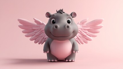 Naklejka premium Adorable cartoon hippo with pink wings, showcasing a playful and imaginative character against a soft pastel background.