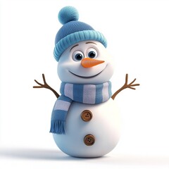 3D Cartoon Cute Funny Snowman Isolated on White Background
